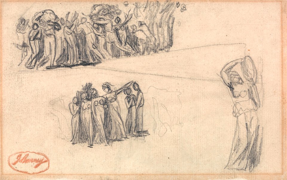George Romney - Two Sketches of Women and Children Fleeing and Standing Female Figure Playing Tambourine as for Lady... - Google Art Project