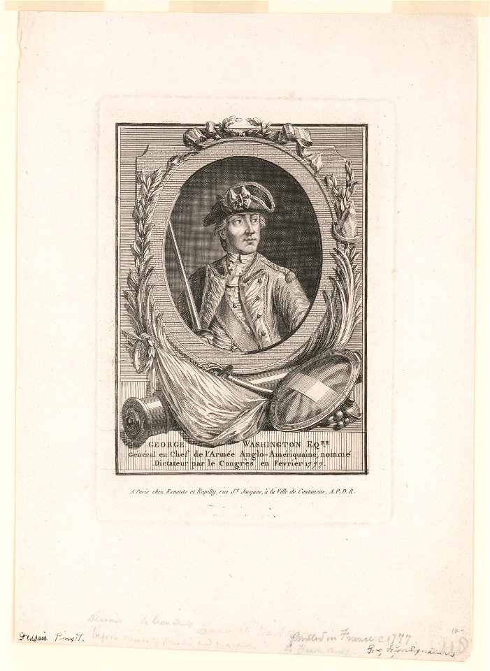George Washington Eqer. général en chef de l'armée Anglo-Amériquaine, nommé dictateur par congrès en Fevrier 1777 LCCN2004666681