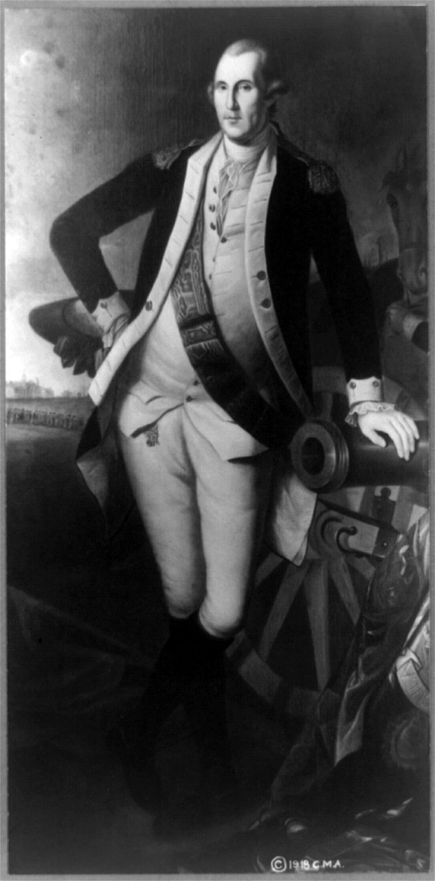 George Washington, full-length portrait, standing, facing left, in uniform, with right hand on hip and left hand on barrel of cannon LCCN89709474