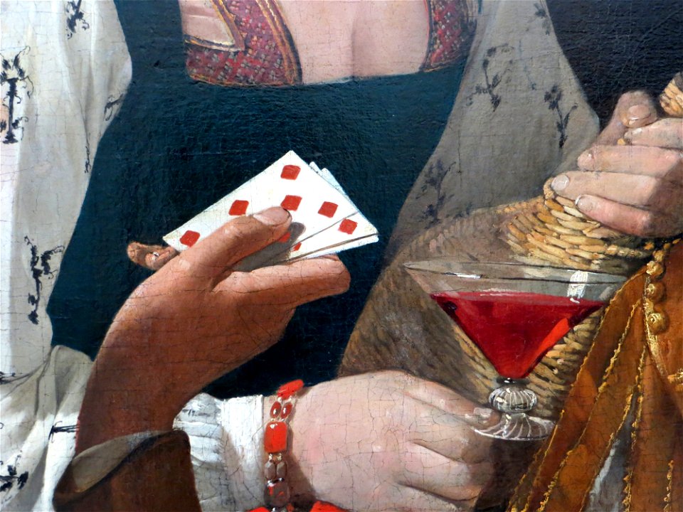Georges de La Tour Le Tricheur a l'as de carreau detail du verre et des carreaux