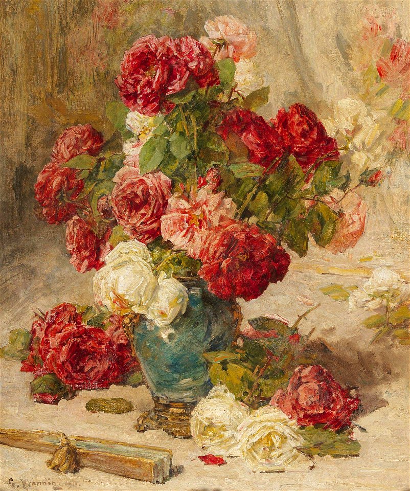 Georges Jeannin - A still life with roses in a vase and a fan