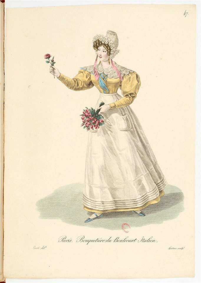 Georges-Jacques Gatine - Costumes d'ouvrières parisiennes, 1824, p. 47, Bouquetière du Boulevart Italien
