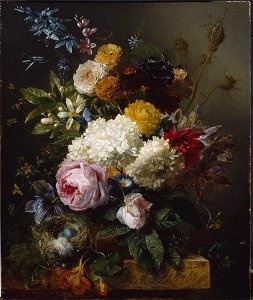 Georgius Jacobus Johannes van Os - Een boeket bloemen en een vogelnestje op een stenen plint - SA 1829 - Amsterdam Museum. Free illustration for personal and commercial use.