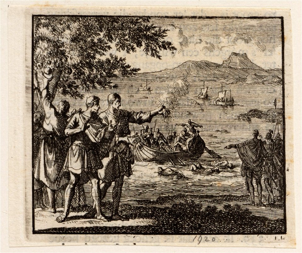 Geplukte Sodomsappelen gaan in rook op en door Vespasianus in de Dode Zee geworpen mensen blijven drijven, objectnr A 47875
