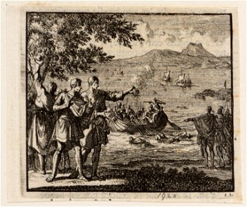 Geplukte Sodomsappelen gaan in rook op en door Vespasianus in de Dode Zee geworpen mensen blijven drijven, objectnr A 47875
