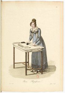 Georges-Jacques Gatine - Costumes d'ouvrières parisiennes, 1824, p. 22, Repasseuse