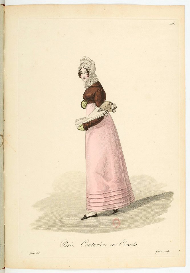 Georges-Jacques Gatine - Costumes d'ouvrières parisiennes, 1824, p. 26, Couturière en Corsets