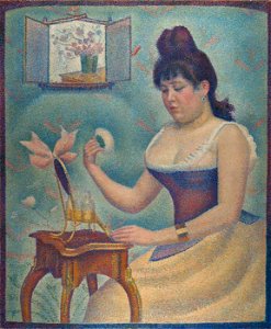 Georges Seurat, 1889-90, Jeune femme se poudrant (Young Woman Powdering Herself), oil on canvas, 95.5 x 79.5 cm, Courtauld Institute of Art. Free illustration for personal and commercial use.
