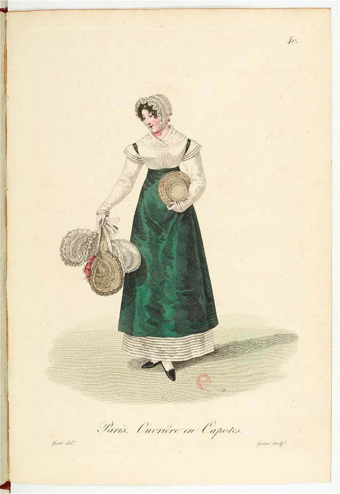 Georges-Jacques Gatine - Costumes d'ouvrières parisiennes, 1824, p. 40, Ouvrière en Capotes