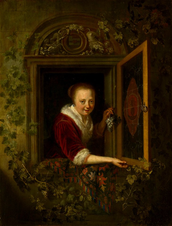 Gerard Dou - A Girl with a Bunch of Grapes at a Window RCIN 404803