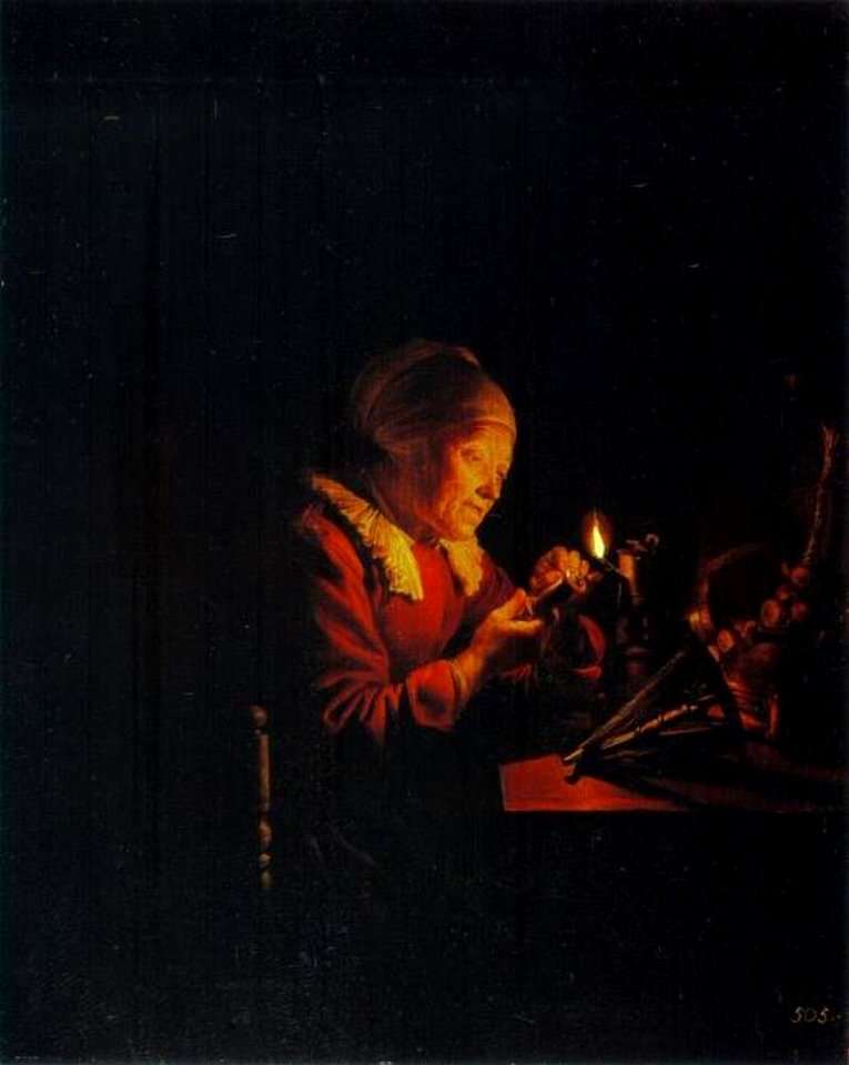 Gerard Dou - Oude vrouw die garen wikkelt bij het licht van een olielamp - Gal.-Nr. 1714 - Staatliche Kunstsammlungen Dresden