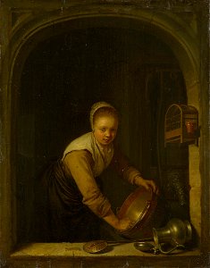 Gerard Dou - Young Girl at a Window scrubbing a Brass Pan. Free illustration for personal and commercial use.