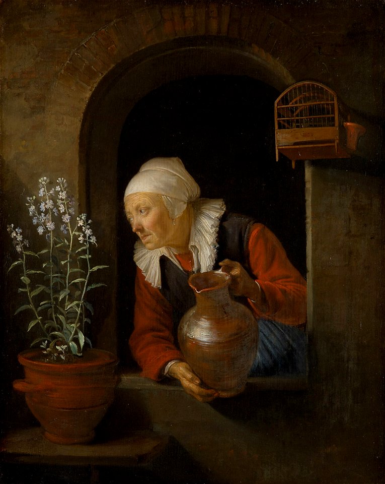 Gerard Dou, , Kunsthistorisches Museum Wien, Gemäldegalerie - Alte Frau am Fenster, Blumen giessend - GG 624 - Kunsthistorisches Museum