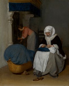 Gerard ter Borch - Woman Sewing beside a Cradle - 1133 - Mauritshuis