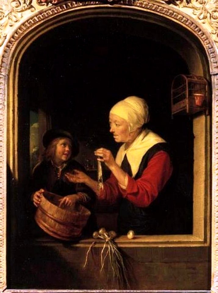 Gerard Dou - Oude vrouw met haring en een jongen in een venster - ГЭ-890 - Hermitage Museum