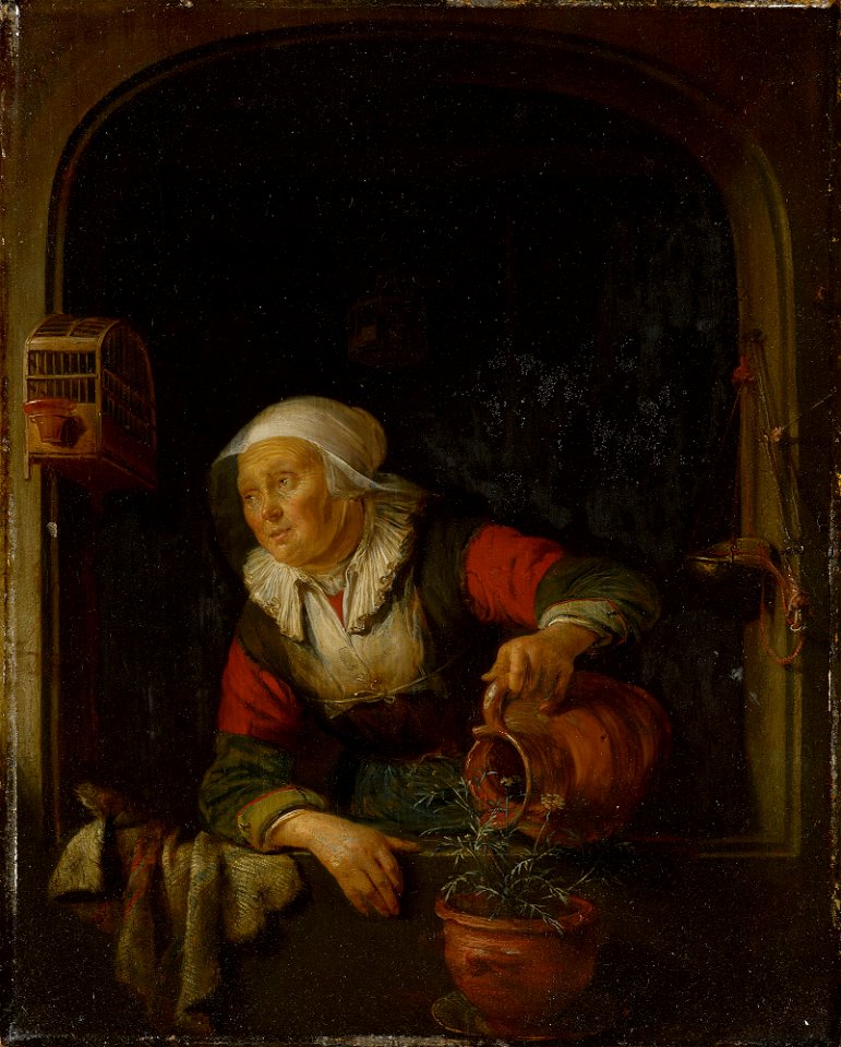 Gerard Dou - An Old Woman Watering a Pot of Pinks RCIN 404621
