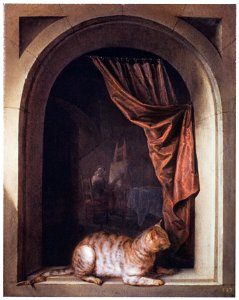 Gerard Dou - Cat on a Ledge. Free illustration for personal and commercial use.