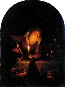 Gerard Dou - Jonge vrouw, planten begietend bij kaarslicht - Gal.-Nr. 1712 - Staatliche Kunstsammlungen Dresden