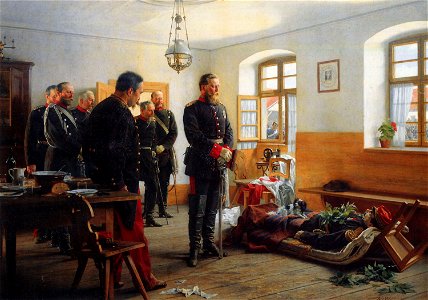 German crown Prince Friedrich Wilhelm contemplating the corpse of French general Abel Douay, Franco-Prussian War, 1870. Free illustration for personal and commercial use.