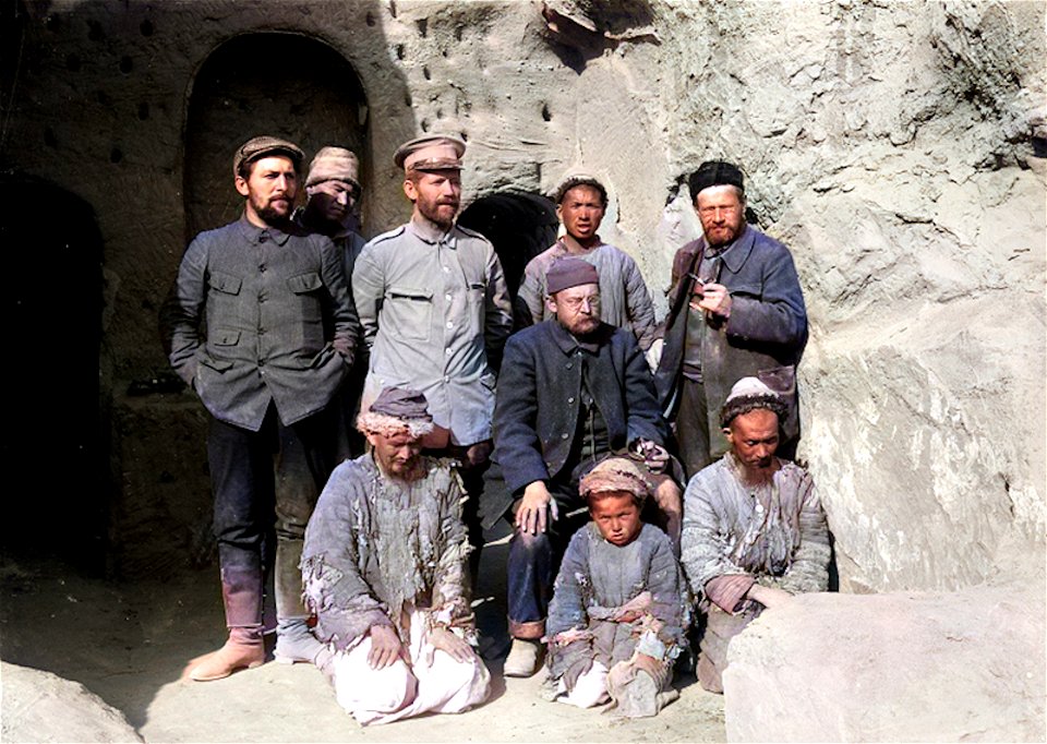 German Expedition at Kizil, Cave 4, in 1906-1907 (colorized)