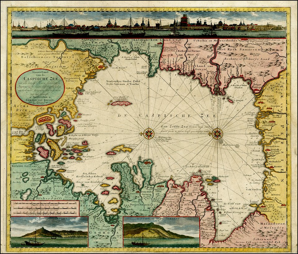 Gerard Van Keulen. Nieuwe Caart van de Capische Zee, met alle met all desselfs Riviere, Eylanden en Dieptens. (with view of Astrakan). ca. 1720