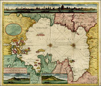 Gerard Van Keulen. Nieuwe Caart van de Capische Zee, met alle met all desselfs Riviere, Eylanden en Dieptens. (with view of Astrakan). ca. 1720