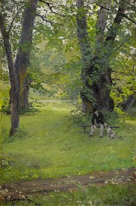 Gerda Roosval-Kallstenius - Parklandskap med sittande herre och hund