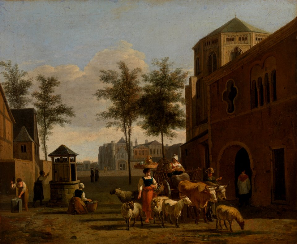 Gerrit Adriaensz. Berckheyde - View of a Town with Figures, Goats, and Wagon before a Church - BF829 - Barnes Foundation