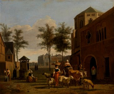 Gerrit Adriaensz. Berckheyde - View of a Town with Figures, Goats, and Wagon before a Church - BF829 - Barnes Foundation
