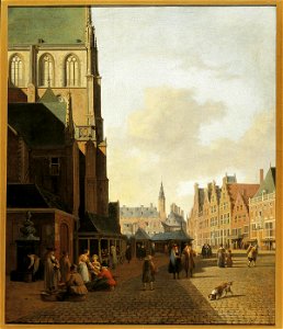 Gerrit Berckheyde - The Fish Market in Haarlem looking towards the Town Hall. Free illustration for personal and commercial use.