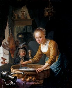 Gerrit Dou (Leiden 1613-Leiden 1675) - A Girl chopping Onions - RCIN 406358 - Royal Collection. Free illustration for personal and commercial use.