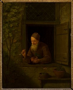 Gerrit Dou - Old man with a pipe in the window - M.Ob.1685 MNW - National Museum in Warsaw