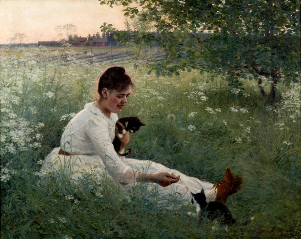 Elin Danielson-Gambogi - Girl with cats in a summer landscape (1892)
