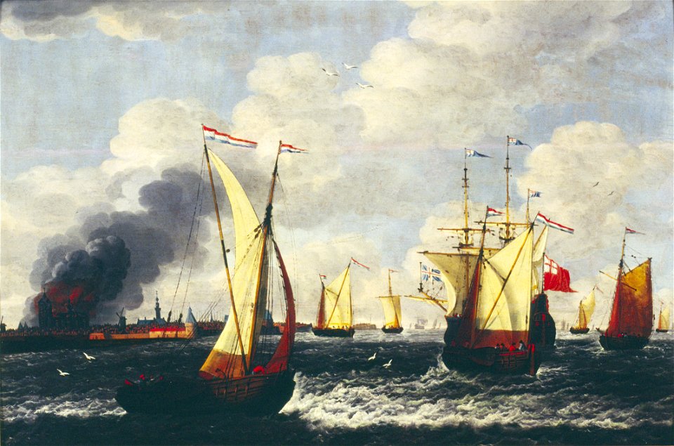 Gerrit Pompe - Gezicht op Veere met de brandende Grote Kerk (1686) - AA1005 - Cultural Heritage Agency of the Netherlands Art Collection