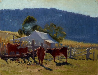 Elioth Gruner - Milking time (Araluen Valley) - Google Art Project. Free illustration for personal and commercial use.