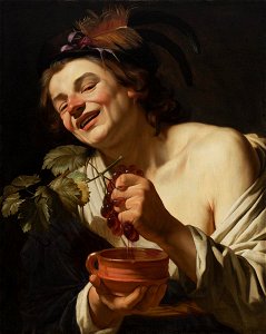 Gerrit van Honthorst - Smiling Young Man Squeezing Grapes. Free illustration for personal and commercial use.