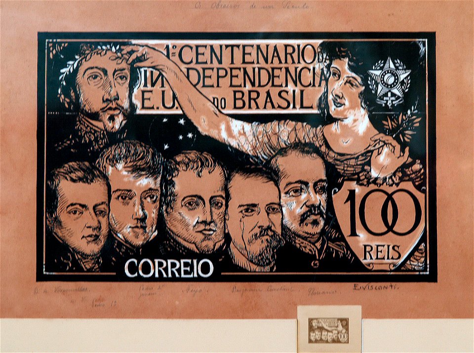 EliseuVisconti-A823-Selo comemorativo do 1º Centenário da Independência – 100 Réis – Estudo para selo