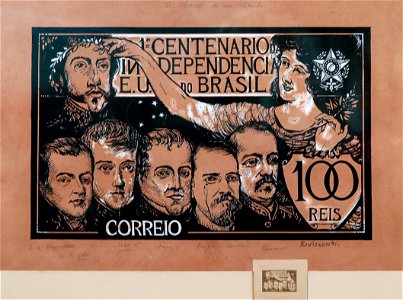 EliseuVisconti-A823-Selo comemorativo do 1º Centenário da Independência – 100 Réis – Estudo para selo