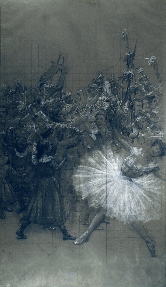 EliseuVisconti-D708-Bailarina e D. Pedro de Alcântara – Cartão de transferência para o pano de boca do Theatro Municipal do Rio de Janeiro