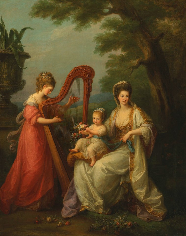 Elizabeth Smith-Stanley, Countess of Derby, with her infant son Edward, later 13th Earl of Derby, and her half-sister, Lady Augusta Campbell playing the harp