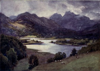 Elterwater and Langdale Pikes - The English Lakes - A. Heaton Cooper. Free illustration for personal and commercial use.