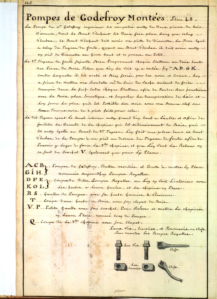 Eléments métalliques de pompe de cale Godefroy XVIIIè siècle