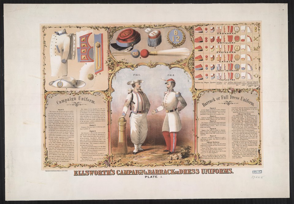 Ellsworth's campaign & barrack or dress uniforms. Plate 1 - published and lithographed by Edw. Mendel, 162 Lake St., Chicago. LCCN2006683287