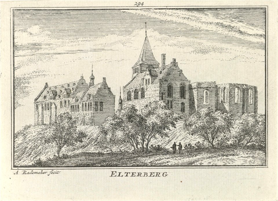 Elterberg met ruïne Vitusabdij en de Sint-Vituskerk. Prentmaker Abraham Rademaker (1727-1733)