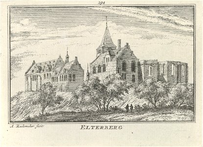 Elterberg met ruïne Vitusabdij en de Sint-Vituskerk. Prentmaker Abraham Rademaker (1727-1733)