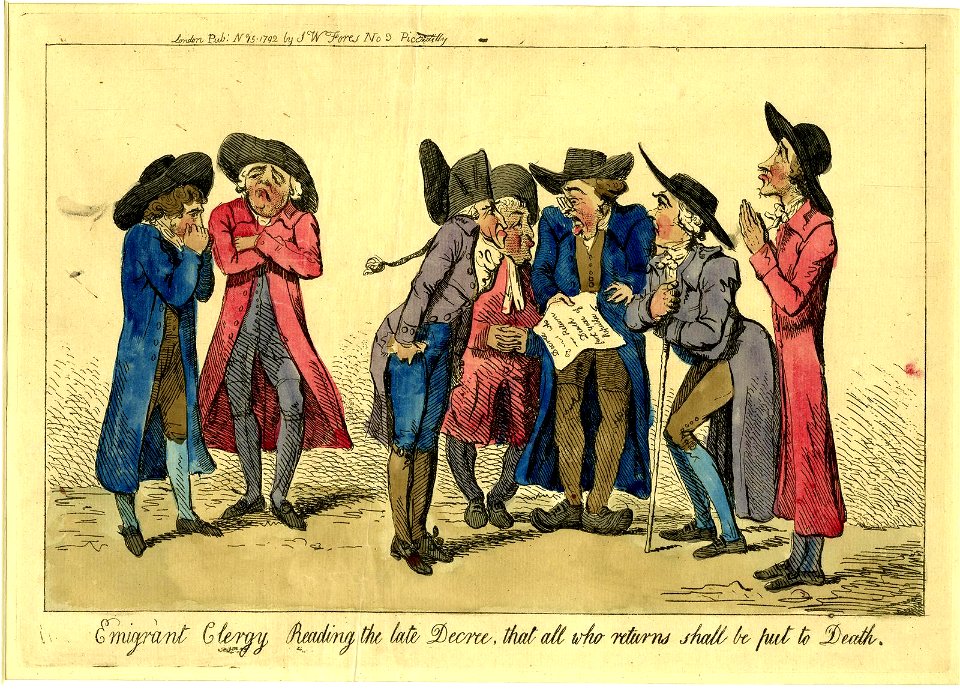 Emigrant clergy reading the late decree, that all who returns shall be put to death. (BM 1861,1012.44)