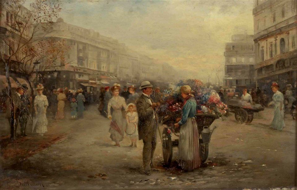 Emil Barbarini Wiener Straßenszene mit Blumenverkäuferin