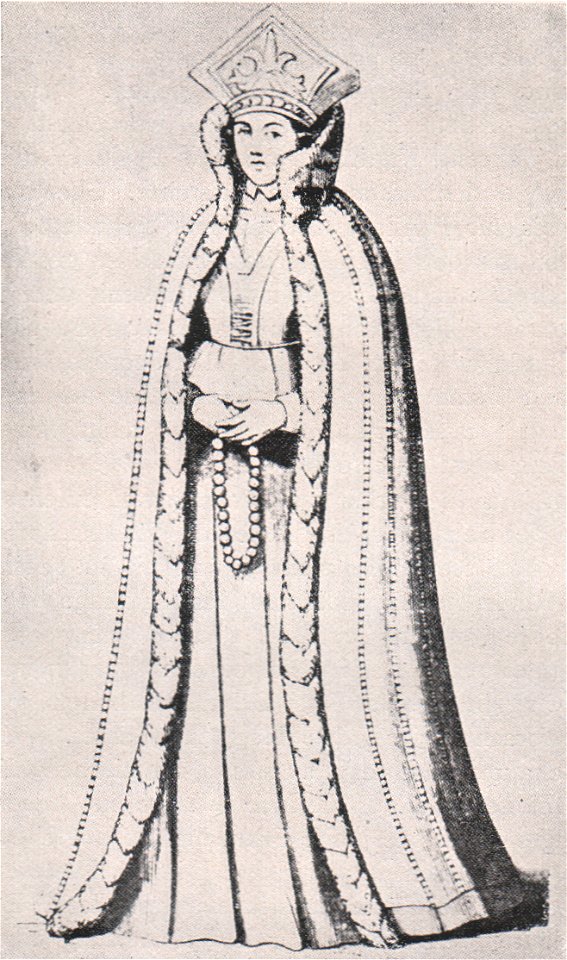 Emil Brass, Im Reiche der Pelze, 2. Auflage, 1925, Seite 174, Livländische junge Edeldame aus dem Jahre 1590 mit hochstehendem, pelzbesetztem Kragen und Mantel
