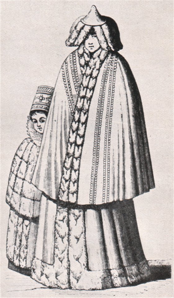 Emil Brass, Im Reiche der Pelze, 2. Auflage, 1925, Seite 176, Livländische Frau und Tochter 1590 mit pelzverbrämtem Hut und pelzbesetztem Mantel