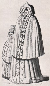Emil Brass, Im Reiche der Pelze, 2. Auflage, 1925, Seite 176, Livländische Frau und Tochter 1590 mit pelzverbrämtem Hut und pelzbesetztem Mantel